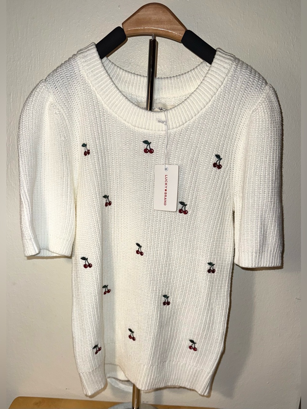 Lucky Brand White Knit Sweater with Cherry Embroidery XS NWT